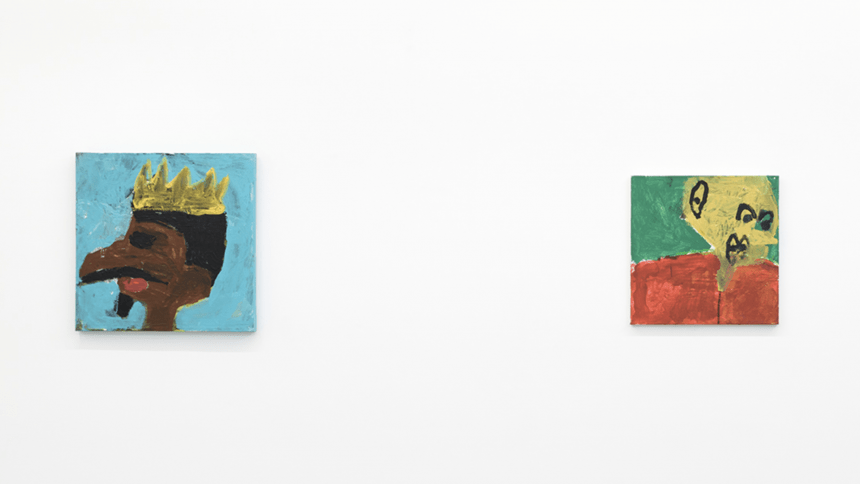 Installation photo of two untitled portrait paintings by NIAD studio artist Billy White