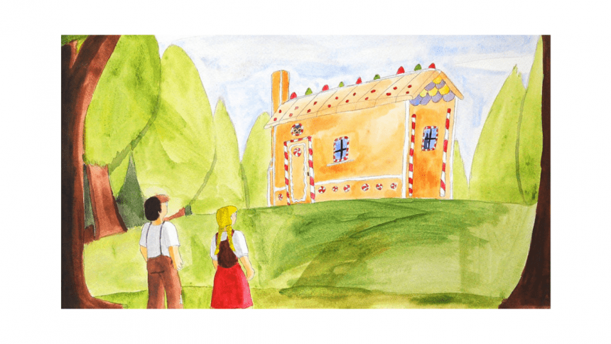 A watercolor scene with two figures standing in front of a gingerbread castle surrounded by green trees, against a blue sky.