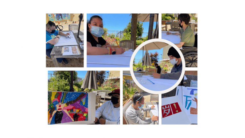 NIAD artists in our courtyard working on sketches for SFMOMA's Mini Mural Festival. Top row: Luis Estrada, Esmeralda Silva, Miguel Chacon. Circle: Jonathan Valdivias. Bottom row: Julio Del Rio, Deatra Colbert, Christian Vassell's sketches.