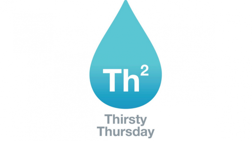 Thirsty Thursday Logo - a blue drop of water with "Th2" superimposed at the bottom and "Thirsty Thursday" underneath