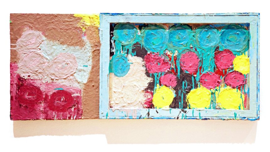 an acrylic painting on two joined canvases. a square on the left features thickly layered paint in reds, pinks, creamy white and a dash of yellow in the upper right corner. A rectangle with a light blue wooden frame attached features a similar pattern of round shapes, thickly painted, but in bright and drippy blues, pinks, and yellows, with a patch of the same creamy white in the lower left corner.