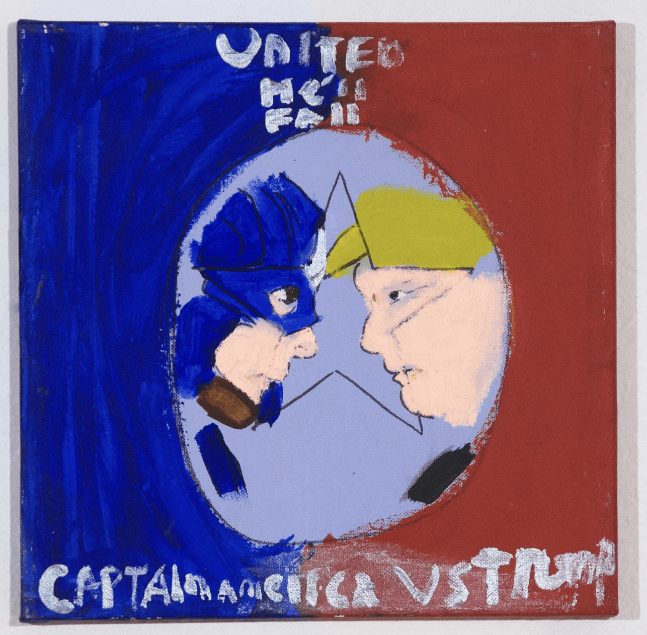 A painting of two male figures on profile, Donald Trump on the right facing a superhero in blue on the left. Painted text reads "United he'll fall / Captain America vs. Trump"