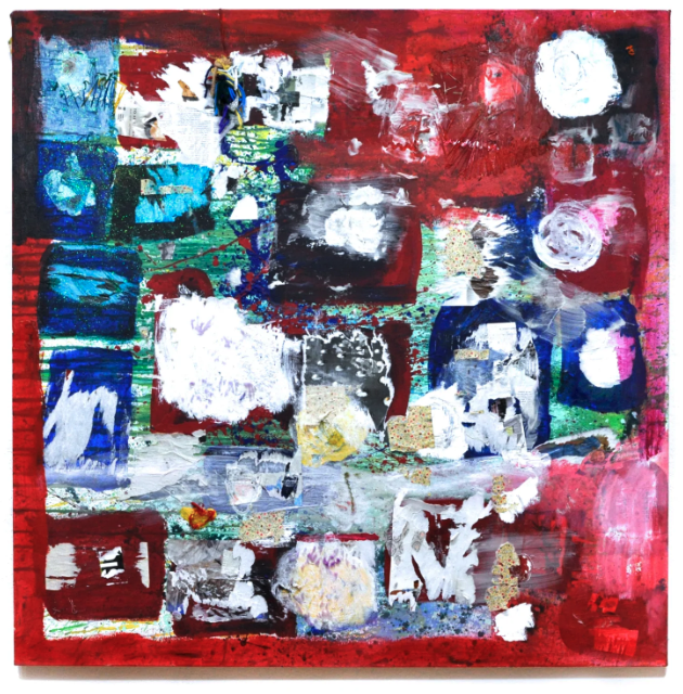 - A painting by Shantae Robinson: Untitled (P0084). Paint and collaged elements on a square canvas, arranged in a rough grid on a red background.