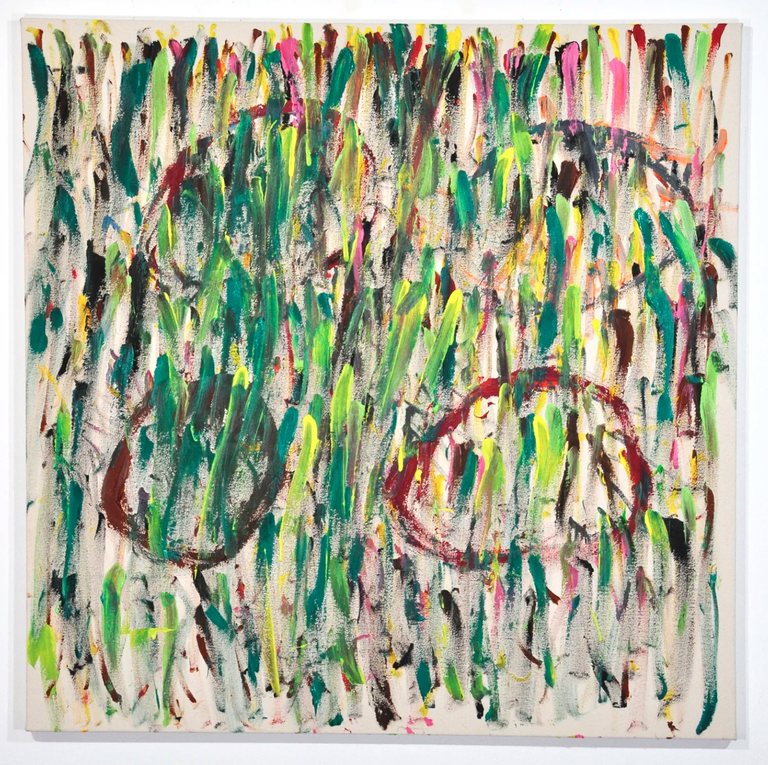 Two abstracted pairs of eyes peek out from behind a curtain of green, yellow and pink vertical brushstrokes.