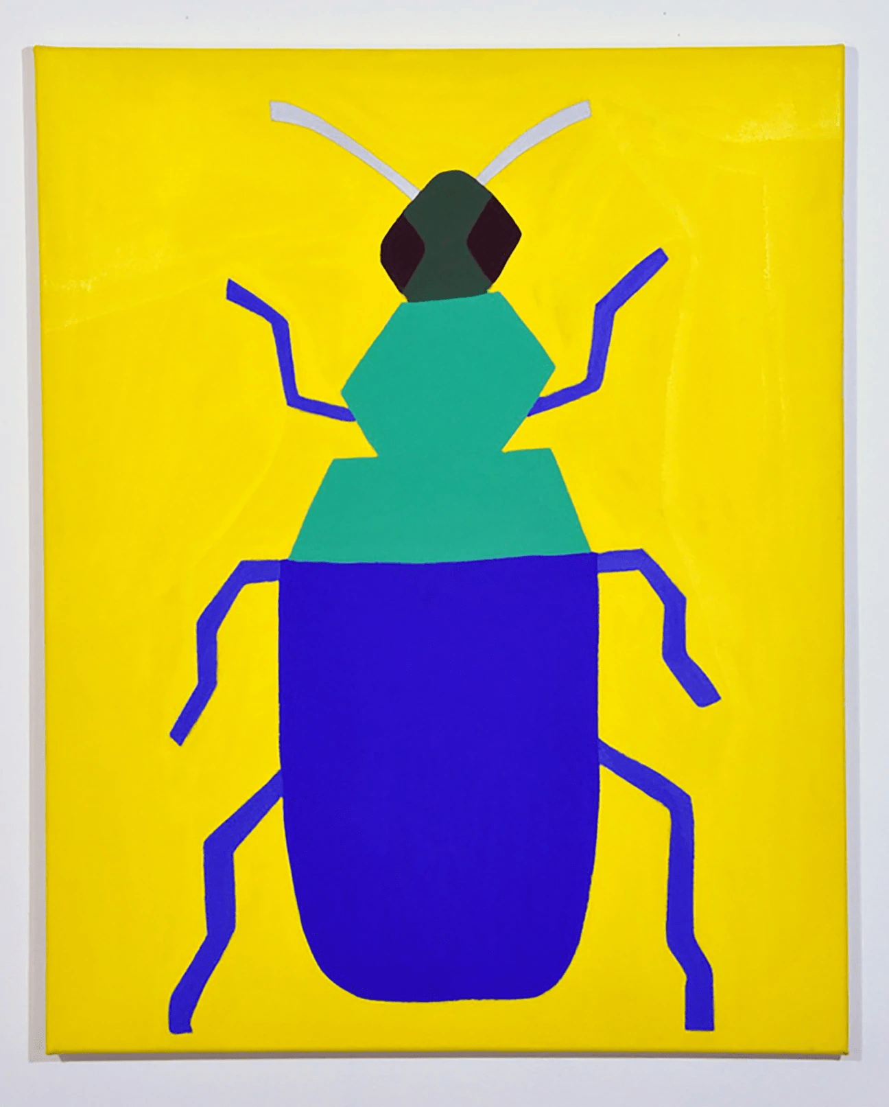 a painting of a large green and blue beetle on a black background