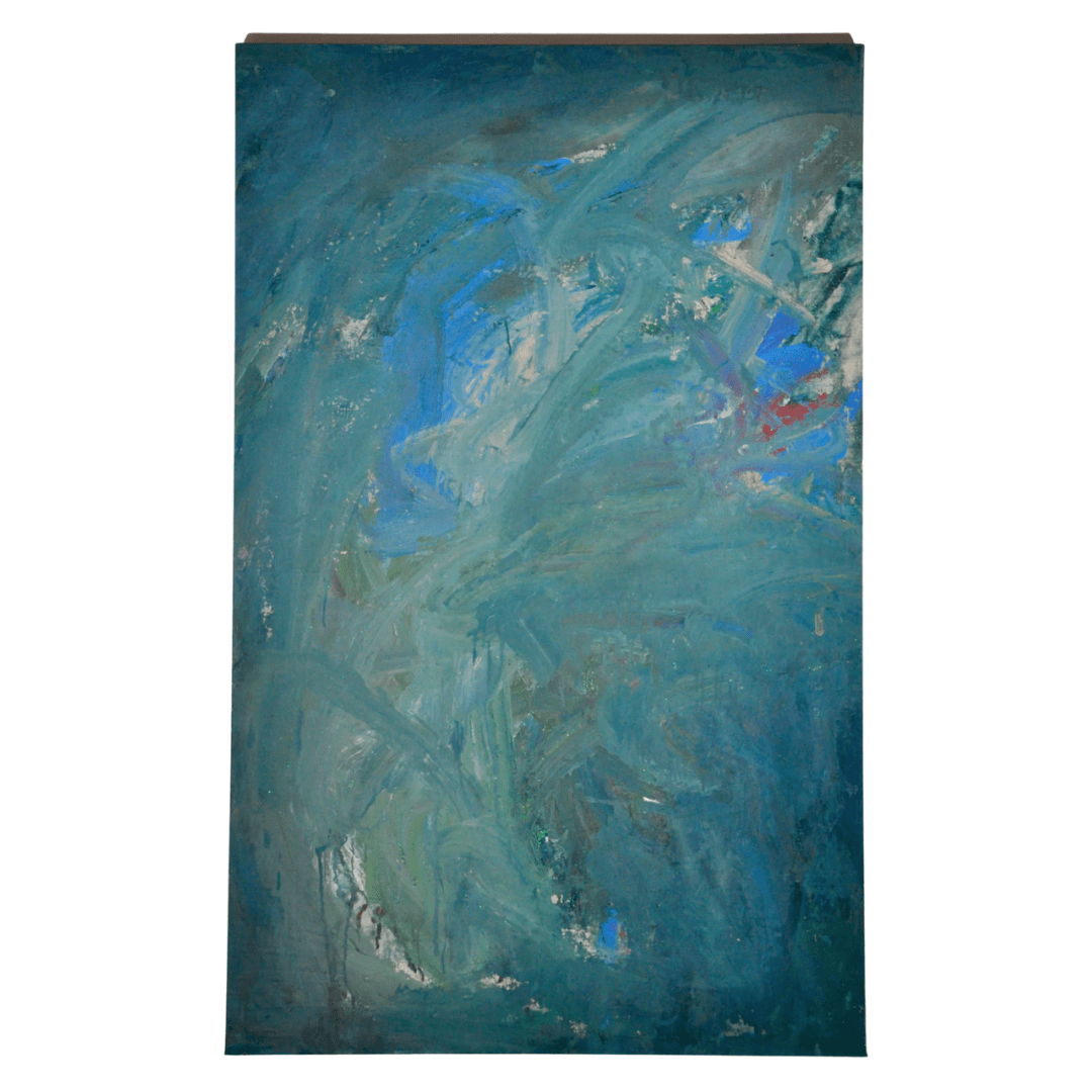 A large, vertically-oriented abstract painting in a lush, muted palette of blues and greens with a hint of red.