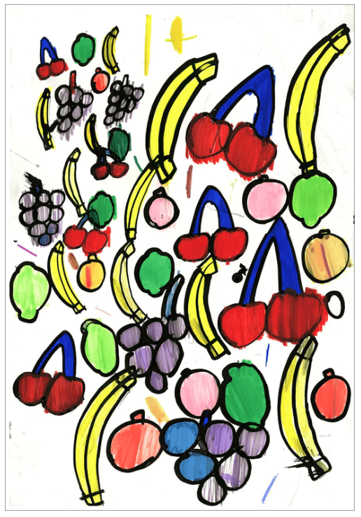 an assortment of fruit - grapes, bananas, cherries, limes - drawn with thick black outlines.