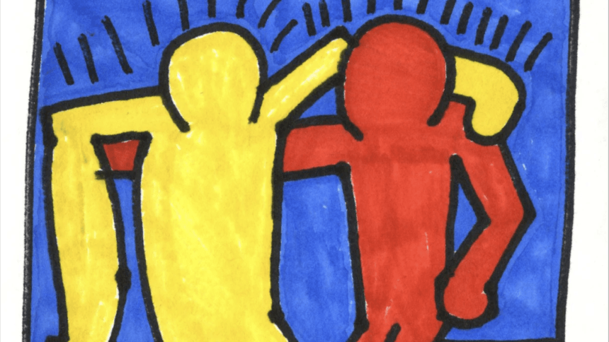 keith haring style marker on paper artwork of two people like figures with their arms around each other.